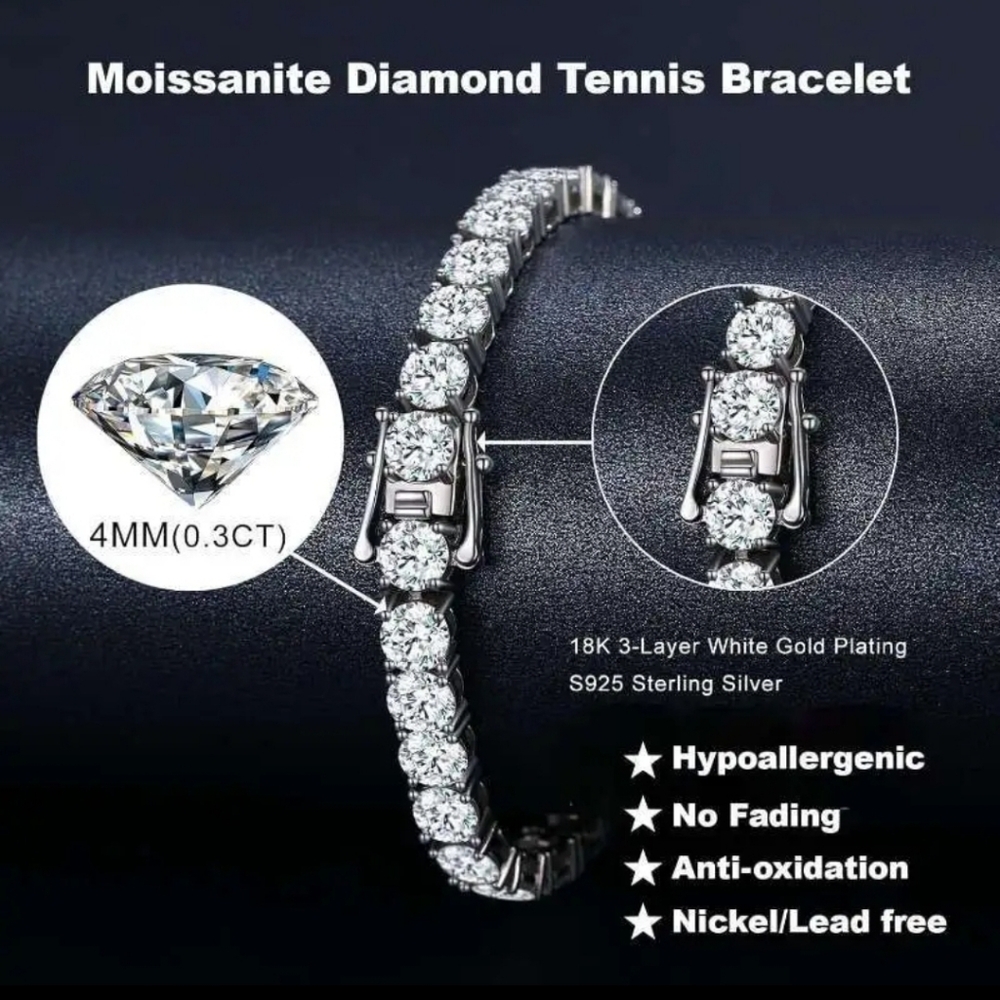 Genuine Moissanite 12 Carat Tennis Bracelet 14K over Sterling Silver 7" NWT - Picture 4 of 9